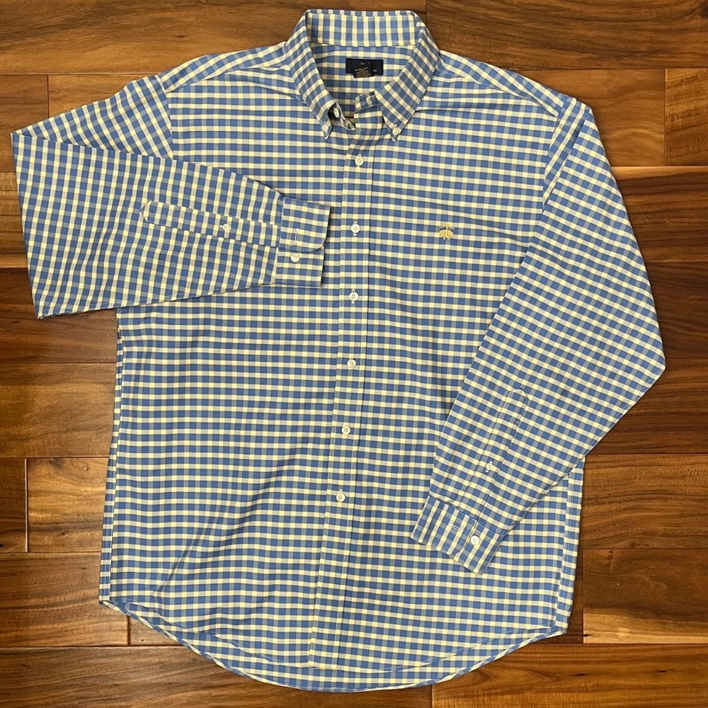 Brooks Brothers 346 Shirt Mens L Blue Yellow Gingham Supima Cotton Non-Iron LS - Picture 3 of 7
